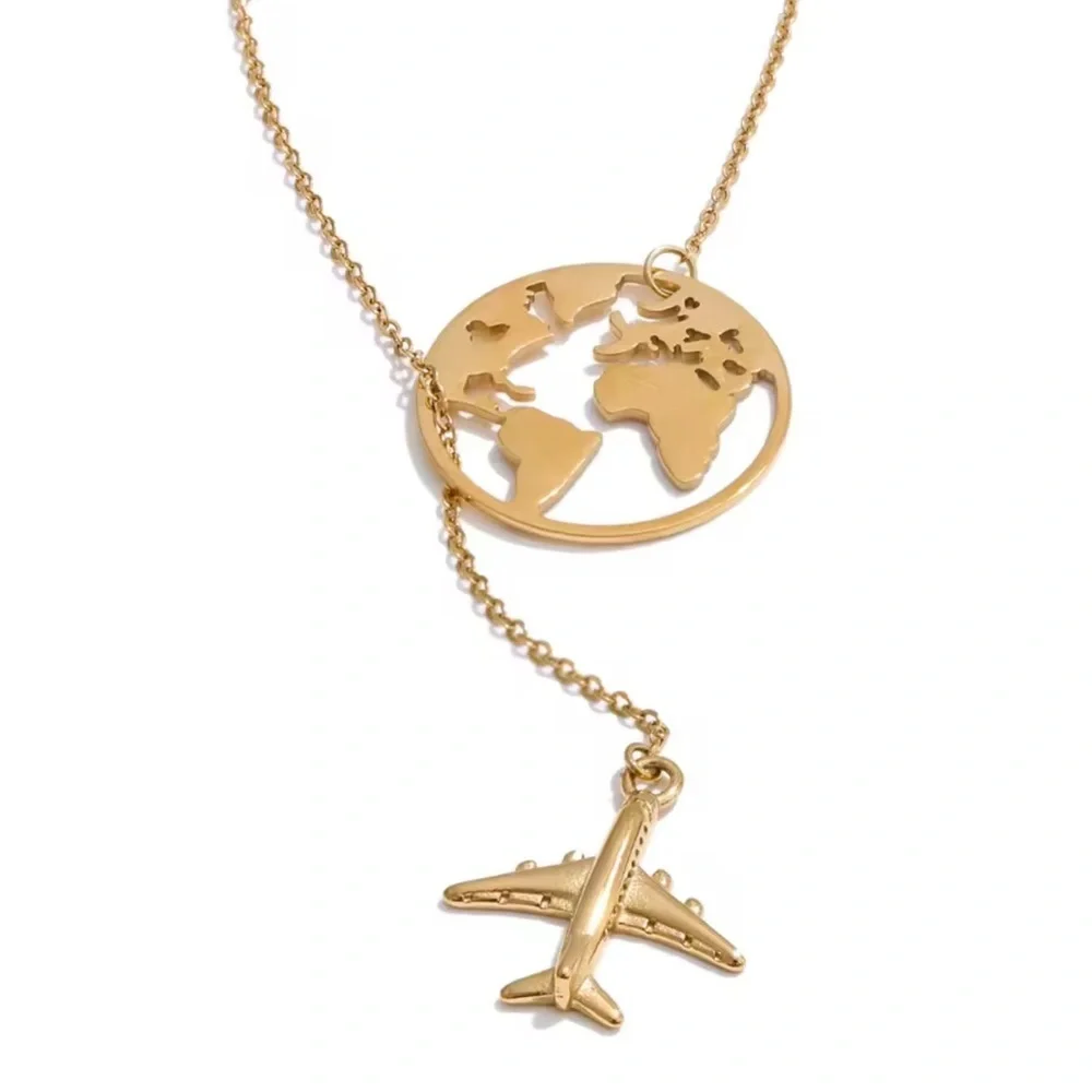 Traveller Airplane Gold World Map Necklace
